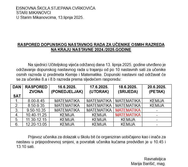 IZMJENA RASPOREDA DOPUNSKOG NASTAVNOG RADA ZA UČENIKE OSMIH RAZREDA NA KRAJU NASTAVNE 2024./2025.GODINE