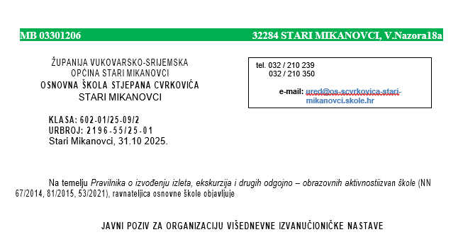 Javni poziv za organizaciju višednevne izvanučioničke nastave