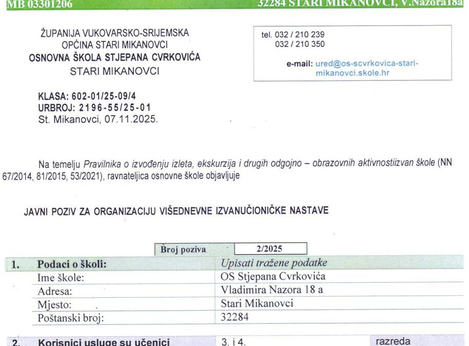 Javni poziv za organizaciju višednevne izvanučioničke nastave  3. i 4. razred