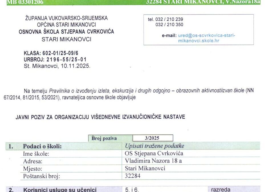 Javni poziv za organizaciju višednevne izvanučioničke nastave 5. i 6. razred